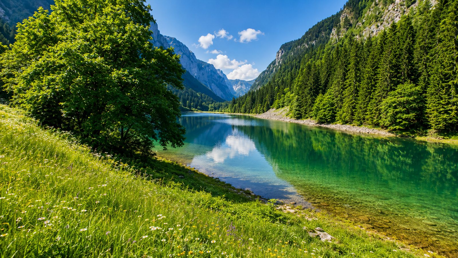 Planinsko jezero u Parku prirode Piva okruženo šumom, liticama i zelenom obalom