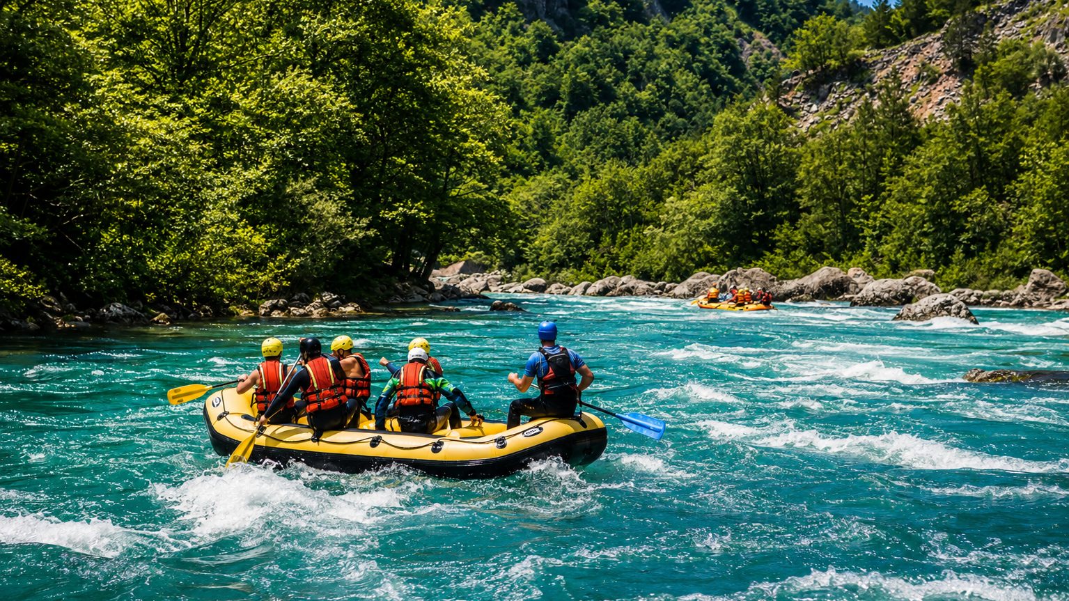 Rafting boat on the turquoise Tara River surrounded by forest and cliffs