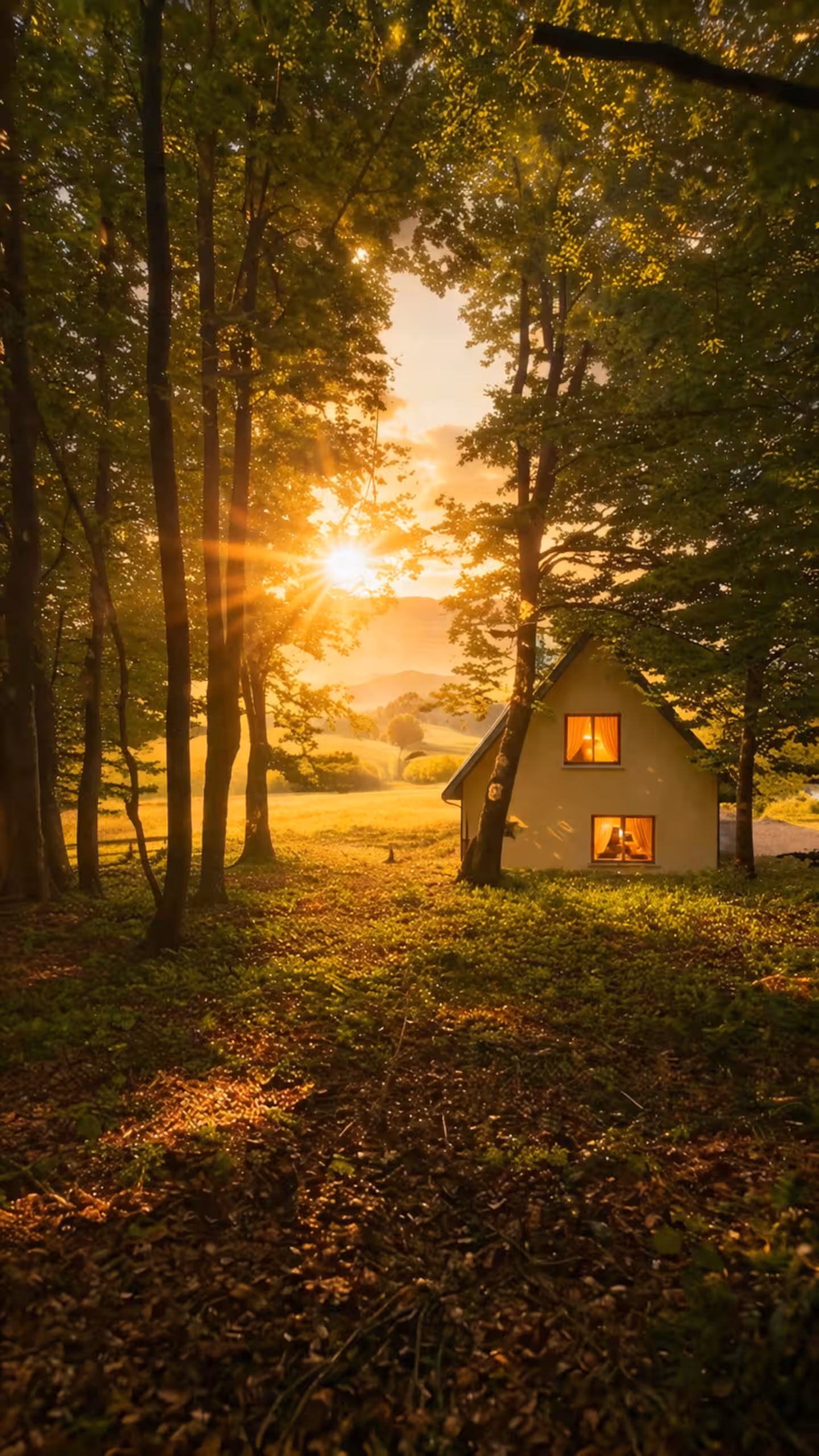 Cabin at sunset between forest trees