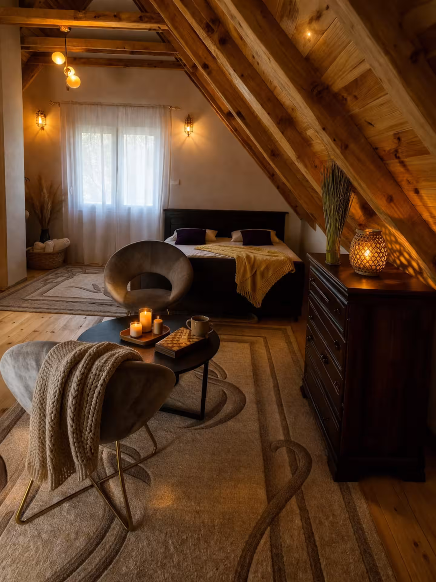 Wooden loft with exposed beams