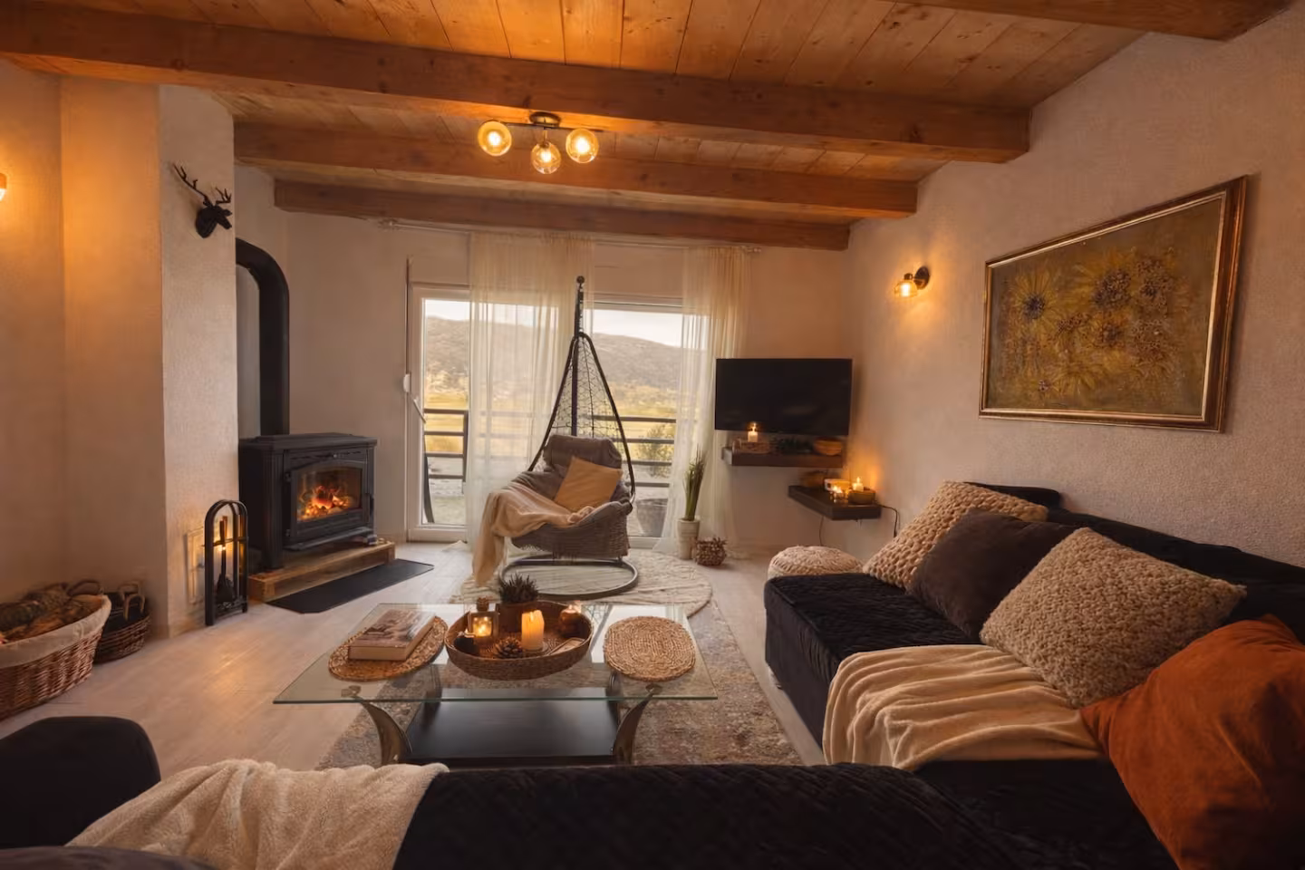 Warm cabin living room with fireplace