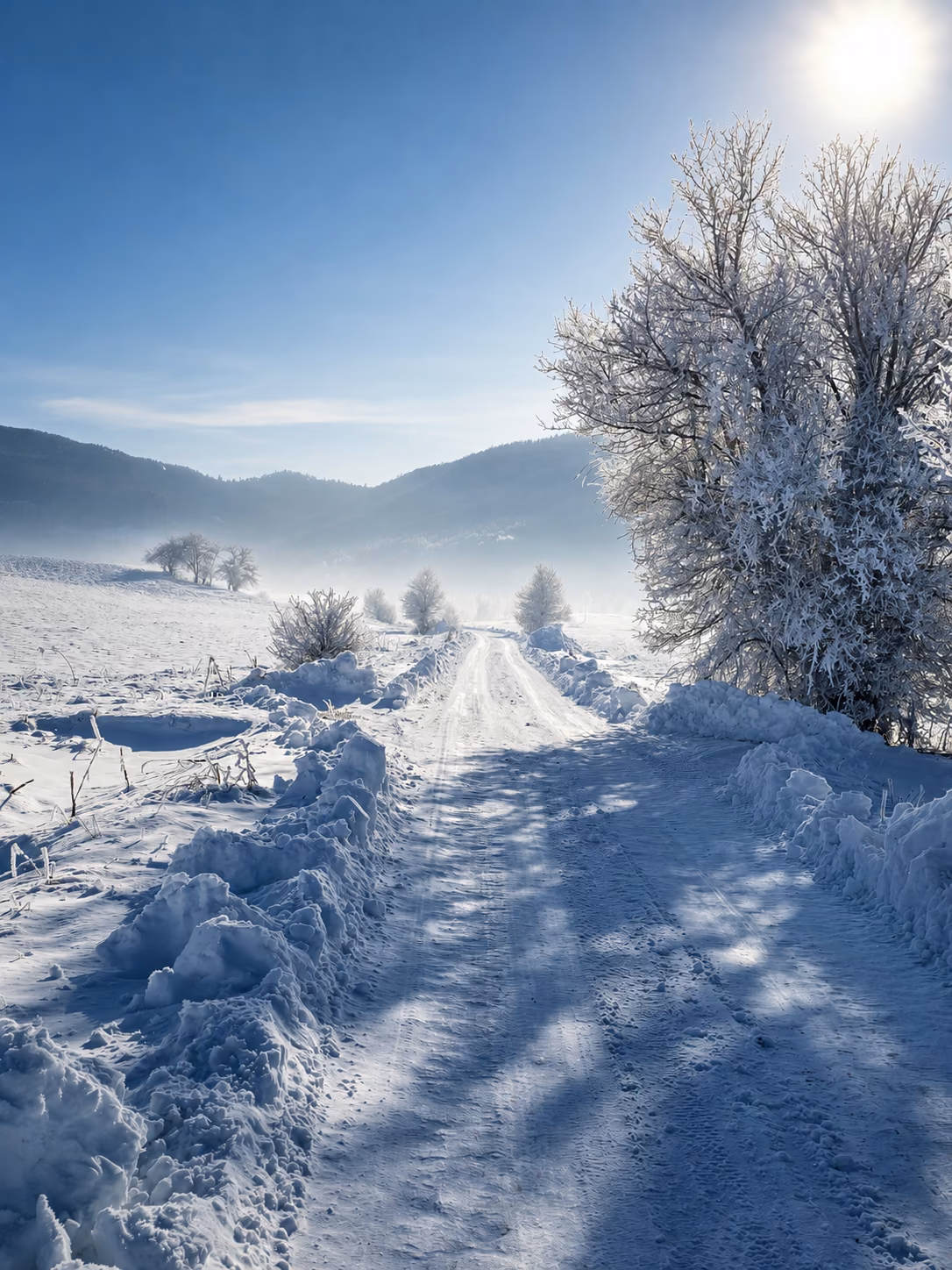 Snow-covered mountain road near Brezna in winter sunlight